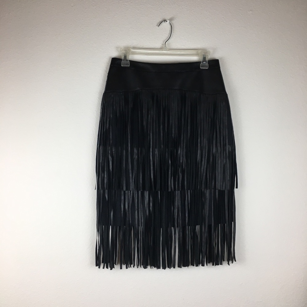 BCBG  Black Faux Leather  Fringe Skirt